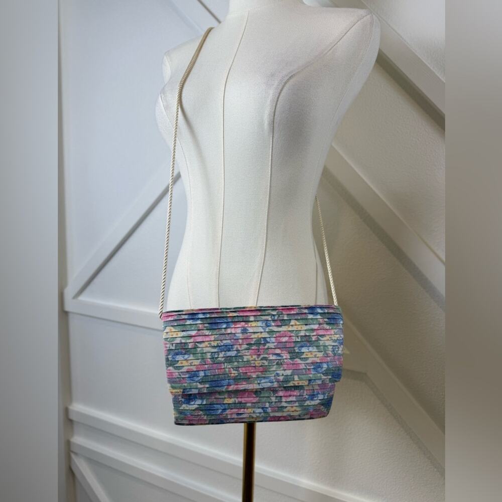 Vintage Whiting & Davis Floral Pastel Pleated Evening Bag Purse Ivory Cord Strap